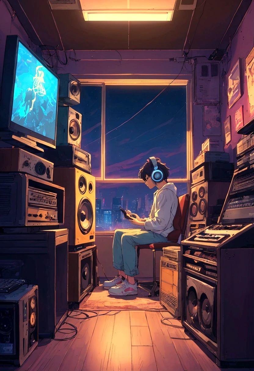 There is a man sitting in a chair in front of a computer, hip hop lofi, cool vibes, lofi artstyle, lofi art, cool vibe, lofi girl, lo-fi art, Lofi hears, chillhop, lofi aesthetic, 8 0 s anime vibe, lofi portrait, they be, lofi colors