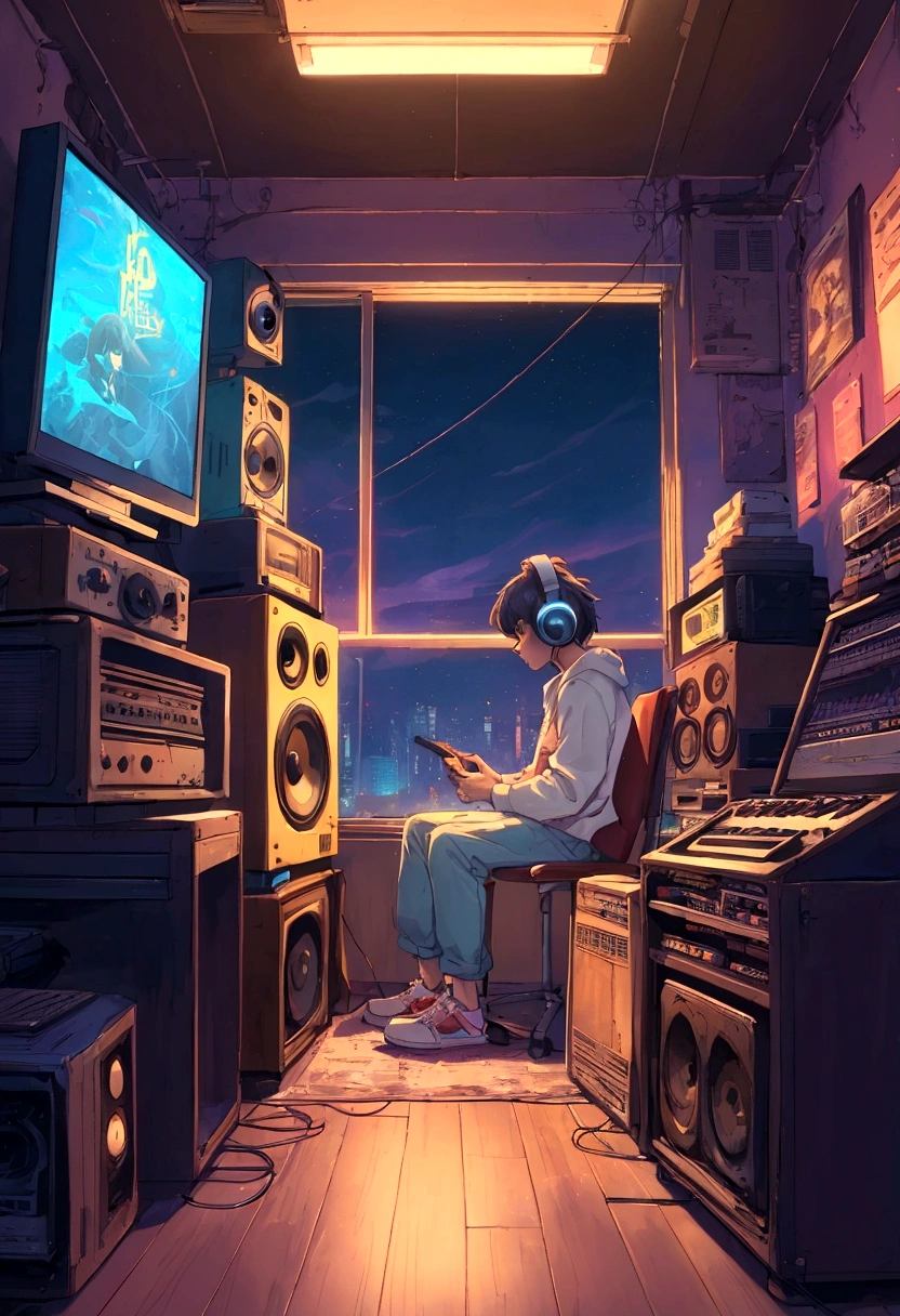 There is a man sitting in a chair in front of a computer, hip hop lofi, cool vibes, lofi artstyle, lofi art, cool vibe, lofi girl, lo-fi art, Lofi hears, chillhop, lofi aesthetic, 8 0 s anime vibe, lofi portrait, they be, lofi colors