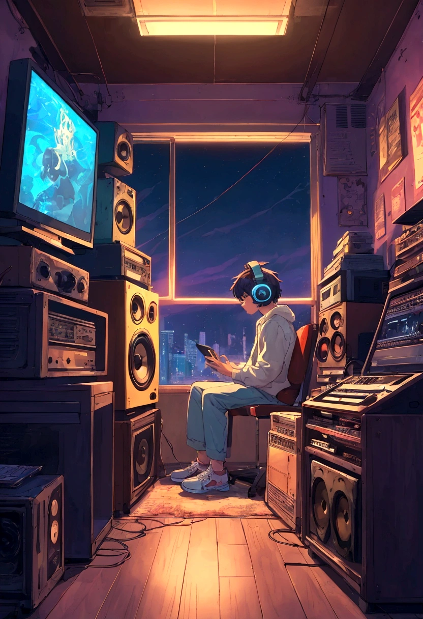 There is a man sitting in a chair in front of a computer, hip hop lofi, cool vibes, lofi artstyle, lofi art, cool vibe, lofi girl, lo-fi art, Lofi hears, chillhop, lofi aesthetic, 8 0 s anime vibe, lofi portrait, they be, lofi colors