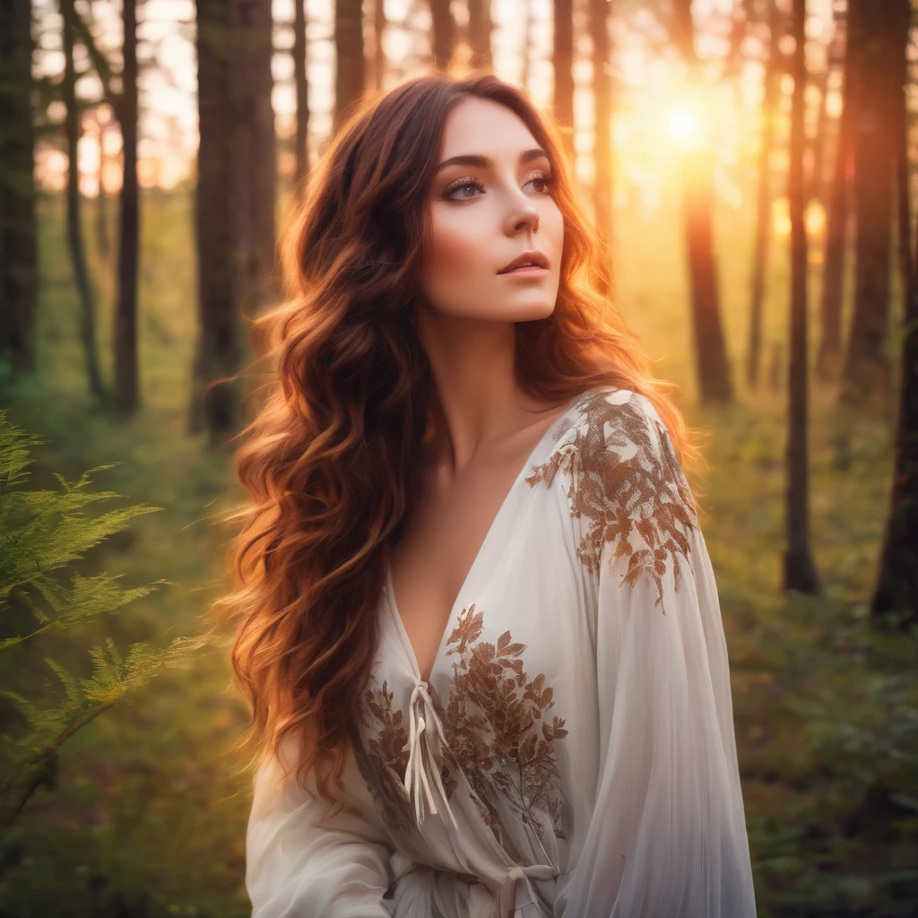 Beautiful mystical woman with brown hair, in a beautiful forest enjoying the sunset  