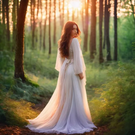 Beautiful mystical woman with brown hair, in a beautiful forest enjoying the sunset  