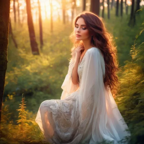 Beautiful mystical woman with brown hair, in a beautiful forest enjoying the sunset  
