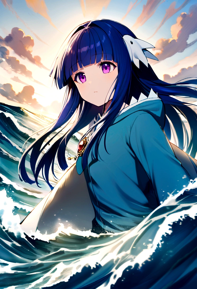 furude rika,1 girl, alone, Blue Hair, Purple eyes, Long Hair, blunt bangs, bangs,(Shark Costume), girl, Guardian of the seas, Wave, brave, sea creature, Light effects, mysterious, Hero, blue sky, symbolic, Jewels of the Sea, Shine, Fantasy, powerful, Waveしぶき, action