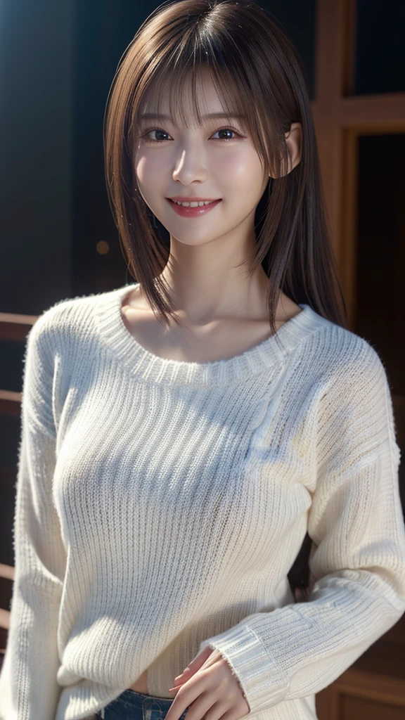 1 Japanese girl,(White sweater:1.4), (RAW Photos, highest quality), (Realistic, Realistic:1.4), Tabletop, Very delicate and beautiful, Very detailed, 8k wallpaper, wonderful, In detail, Very detailedなCG Unity, High resolution, Soft Light, Beautiful details 19 years old, Very detailedな目と顔, Beautiful and sophisticated nose, Beautiful details,Cinema Lighting,Perfect Anatomy,Slender body,smile  (Asymmetrical bangs,)