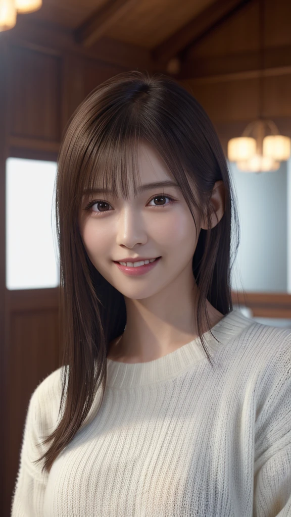 1 Japanese girl,(White sweater:1.4), (RAW Photos, highest quality), (Realistic, Realistic:1.4), Tabletop, Very delicate and beautiful, Very detailed, 8k wallpaper, wonderful, In detail, Very detailedなCG Unity, High resolution, Soft Light, Beautiful details 19 years old, Very detailedな目と顔, Beautiful and sophisticated nose, Beautiful details,Cinema Lighting,Perfect Anatomy,Slender body,smile  (Asymmetrical bangs,)