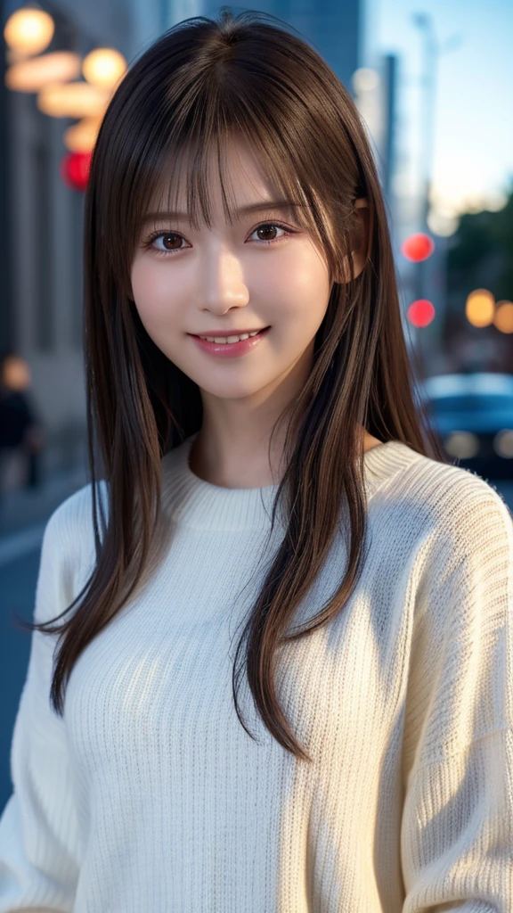 1 Japanese girl,(White sweater:1.4), (RAW Photos, highest quality), (Realistic, Realistic:1.4), Tabletop, Very delicate and beautiful, Very detailed, 8k wallpaper, wonderful, In detail, Very detailedなCG Unity, High resolution, Soft Light, Beautiful details 19 years old, Very detailedな目と顔, Beautiful and sophisticated nose, Beautiful details,Cinema Lighting,Perfect Anatomy,Slender body,smile  (Asymmetrical bangs,)