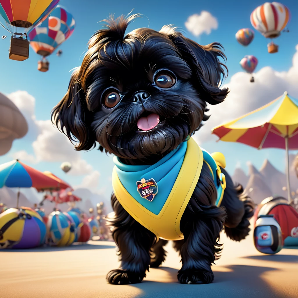 2 entzückende kleine schwarze Shih Tzu Welpen, mit bunten Kopftüchern und Schutzbrillen, Fallschirmspringen, Disney-Hintergrund, 3D-Cartoon, 3d render, Disney-Pixar-Stil, hyperrealistisch, 8k, sehr detailliert, leuchtende Farben, Niedlich, spielerisch, flauschiges Fell, Entzückende Gesichtsausdrücke, dynamische Posen, fotorealistisch, Studiobeleuchtung, makellose Texturen, Filmkomposition, Meisterwerk