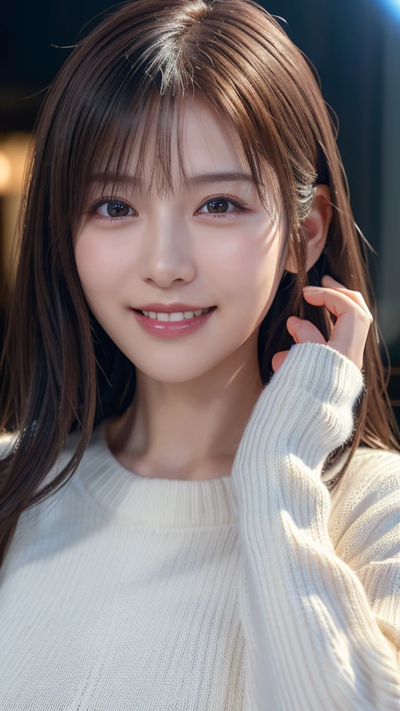 1 Japanese girl,(White sweater:1.4), (RAW Photos, highest quality), (Realistic, Realistic:1.4), Tabletop, Very delicate and beautiful, Very detailed, 8k wallpaper, wonderful, In detail, Very detailedなCG Unity, High resolution, Soft Light, Beautiful details 19 years old, Very detailedな目と顔, Beautiful and sophisticated nose, Beautiful details,Cinema Lighting,Perfect Anatomy,Slender body,smile  (Asymmetrical bangs,)