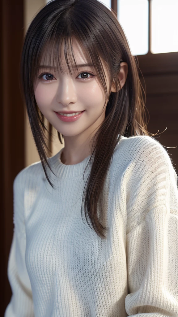 1 Japanese girl,(White sweater:1.4), (RAW Photos, highest quality), (Realistic, Realistic:1.4), Tabletop, Very delicate and beautiful, Very detailed, 8k wallpaper, wonderful, In detail, Very detailedなCG Unity, High resolution, Soft Light, Beautiful details 19 years old, Very detailedな目と顔, Beautiful and sophisticated nose, Beautiful details,Cinema Lighting,Perfect Anatomy,Slender body,smile  (Asymmetrical bangs,)