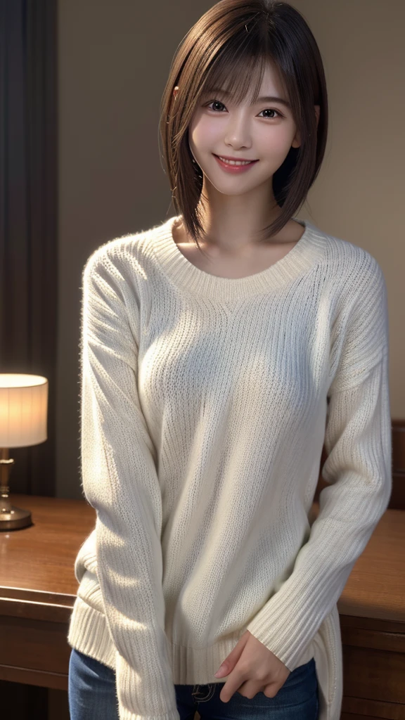 1 Japanese girl,(White sweater:1.4), (RAW Photos, highest quality), (Realistic, Realistic:1.4), Tabletop, Very delicate and beautiful, Very detailed, 8k wallpaper, wonderful, In detail, Very detailedなCG Unity, High resolution, Soft Light, Beautiful details 19 years old, Very detailedな目と顔, Beautiful and sophisticated nose, Beautiful details,Cinema Lighting,Perfect Anatomy,Slender body,smile  (Asymmetrical bangs,)