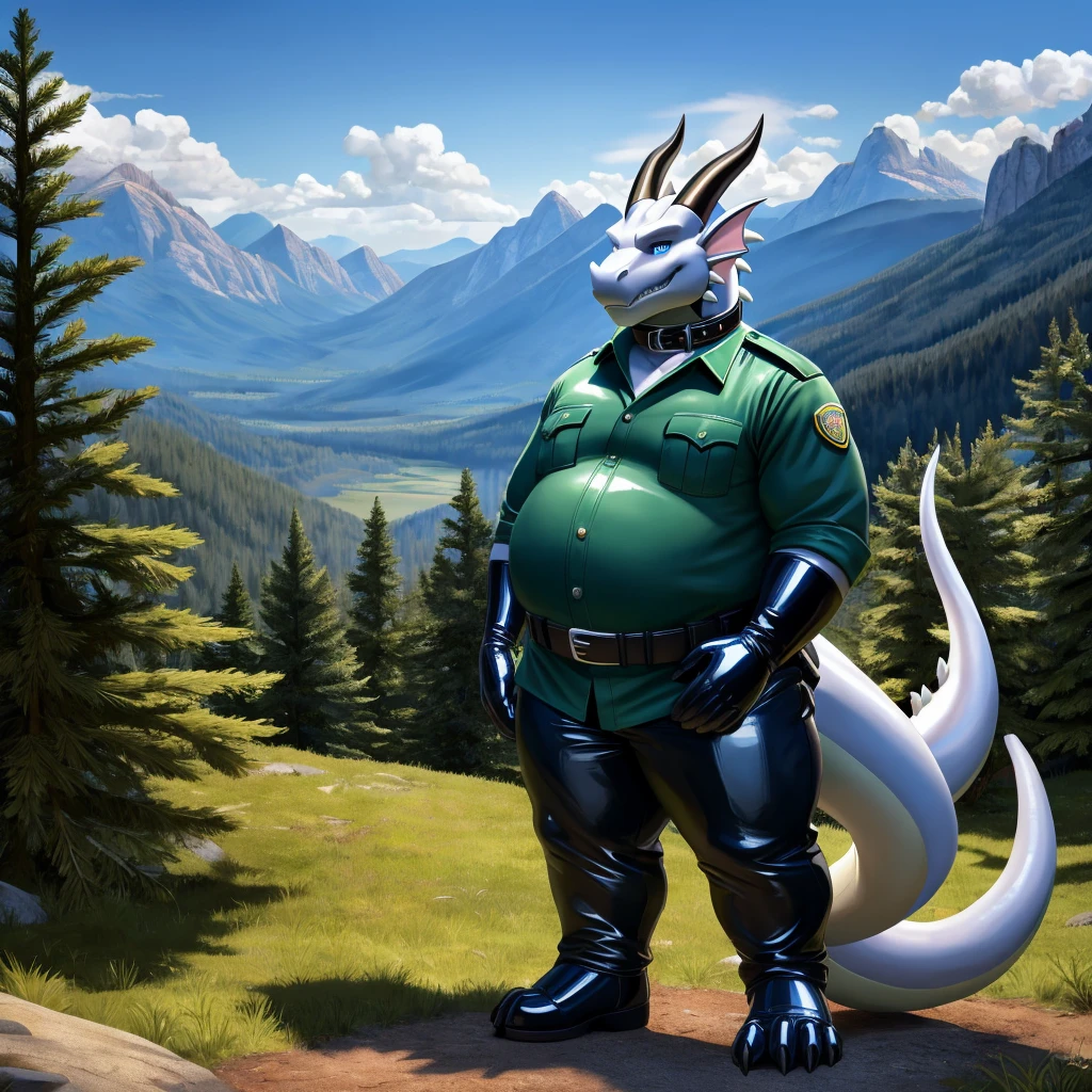 solo, full body, Male, fat, extremely obese, Dragon, park ranger, trousers, outdoor, park ranger uniform, collared shirt with buttons, blue eyes, (soft shading), 4k, hi res, ((detailed face, detailed)), looking at viewer, evil grin, Dragon is wearing the collared shirt and leather collar at the same time, Dragon is wearing a glossy leather dog collar around the neck, Dragon is wearing white rubber gloves on the hands, white rubber gloves on the feet, gloves are rubber in texture, leather collar is shiny, leather collar is extremely detailed, rubber gloves are glossy, Evergreen pine forest and mountains national park in the background, Environmental protection area.