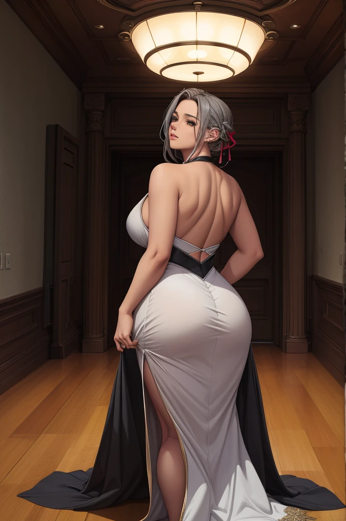 (Highest quality,8K,masterpiece:1.2),Very detailed,One girl, Gray two-tone hair,dress,Long skirt,Beautifully detailed face, Complex,Dramatic lighting,4K,Detailed Background,Caustics,Portraiture,Full Body Shot,Looking at the audience,Back view, Her ass is a nice round shape、The curve is clear, Beautiful lighting enhances the overall atmosphere. Full Body Shotで彼女を魅力的に見せましょう.