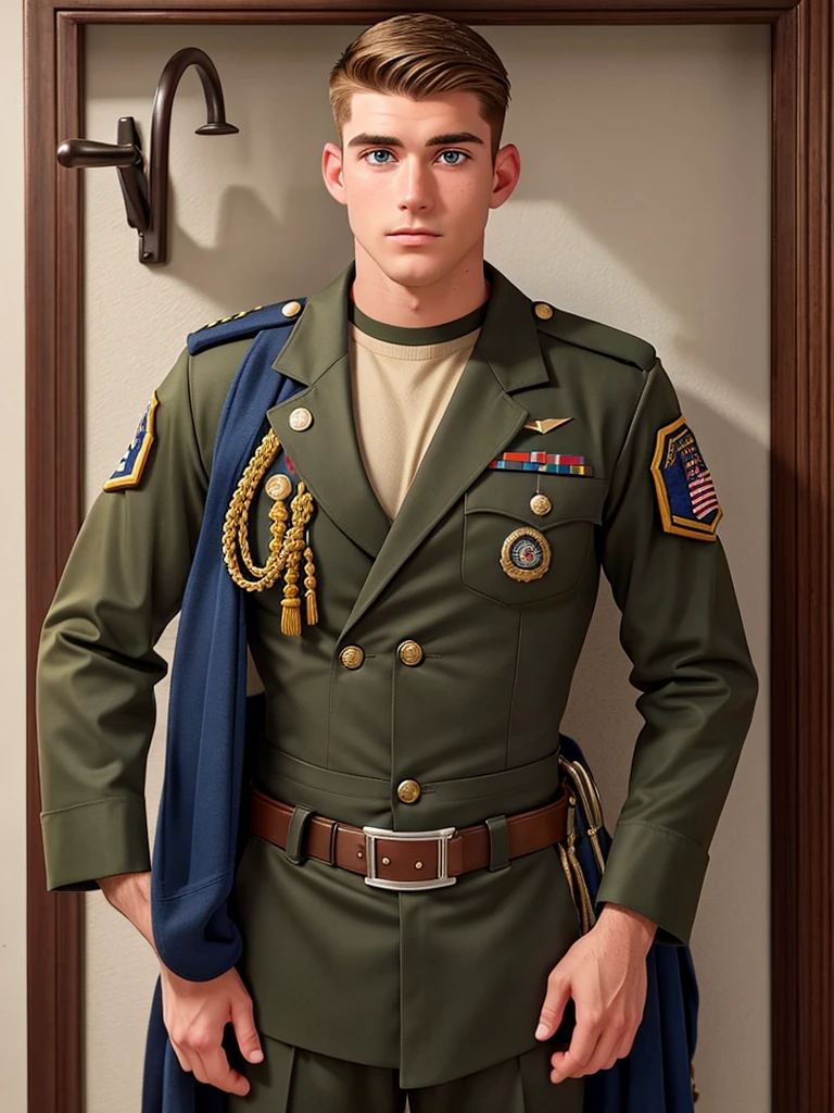 22-year-old lieutenant of the Navy Seals. behind him on the wall on a hanger hung his ceremonial uniform, with a shaved face without a mustache and beard, with a clean-shaven face, Troy Adams, blond, 6 feet 2 inches tall, hairy chest and hairy belly, muscles of a marine, shirtless, behind his back on a hanger hung his ceremonial uniform