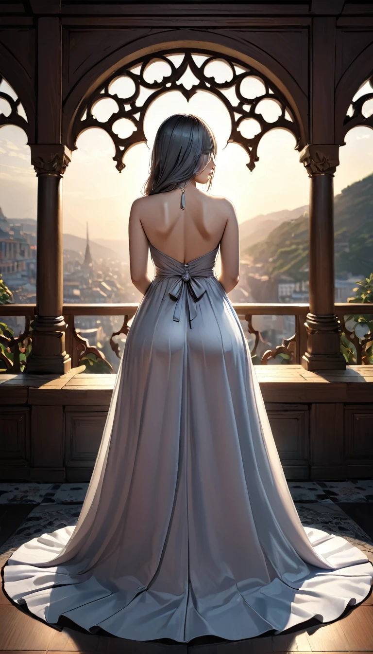 (Highest quality,8k,masterpiece:1.2),Very detailed,One girl, Gray two-tone hair,dress,Long skirt,Beautifully detailed face, Complex,Dramatic lighting,4K,Detailed Background,Caustics,Portraiture,Full Body Shot,Looking at the audience,Back view, Her ass is a nice round shape、The curve is clear, Beautiful lighting enhances the overall atmosphere. Make her look attractive with a Full Body Shot.