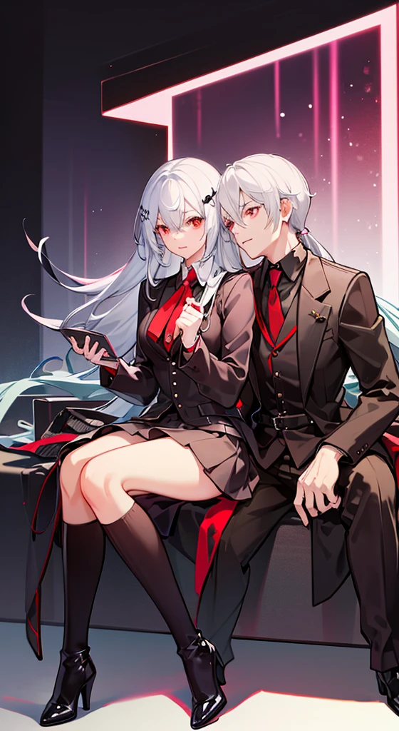 Girl with long white hair, red eyes, sitting on a guy with long black hair