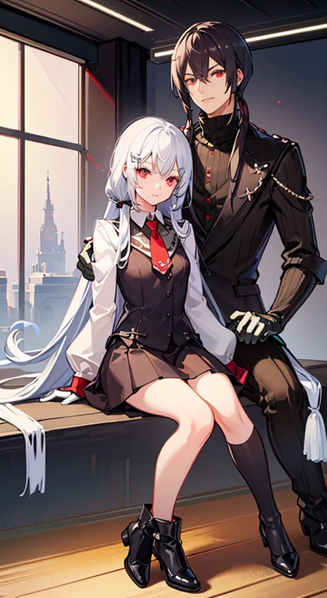 girl with long white hair, red eyes, sitting on a guy with long black hair