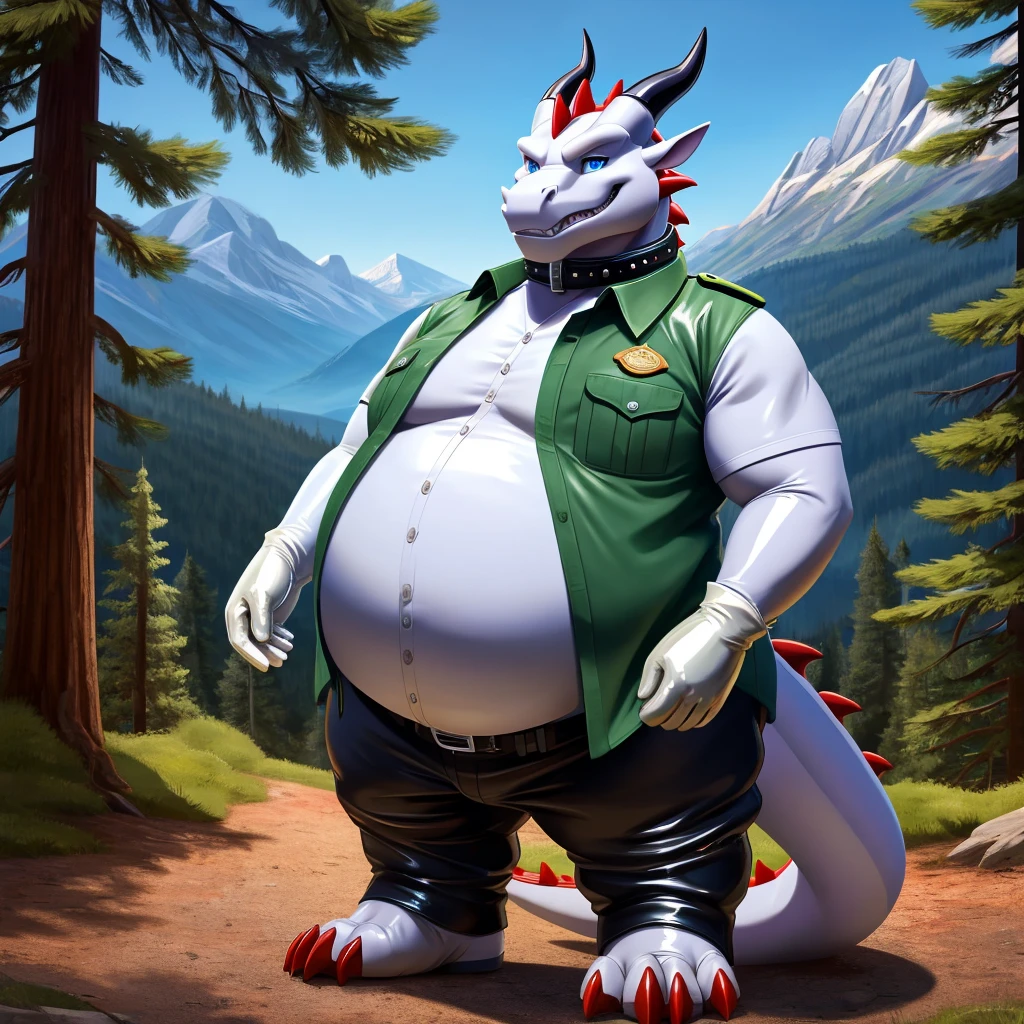 solo, full body, Male, fat, extremely obese, Dragon, park ranger, trousers, outdoor, park ranger uniform, collared shirt with buttons, blue eyes, (soft shading), 4k, hi res, ((detailed face, detailed)), looking at viewer, evil grin, Dragon is wearing the collared shirt and leather collar at the same time, Dragon is wearing a glossy leather dog collar around the neck, Dragon is wearing white rubber gloves on the hands, white rubber gloves on the feet, gloves are rubber in texture, leather collar is shiny, leather collar is extremely detailed, rubber gloves are glossy, Evergreen pine forest and mountains national park in the background, Environmental protection area.