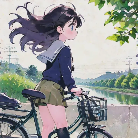 (masterpiece, Highest quality:1.2), reality、girl on a bicycle， alone、A  in elementary school，Very short stature，Thin thighs，Smal...