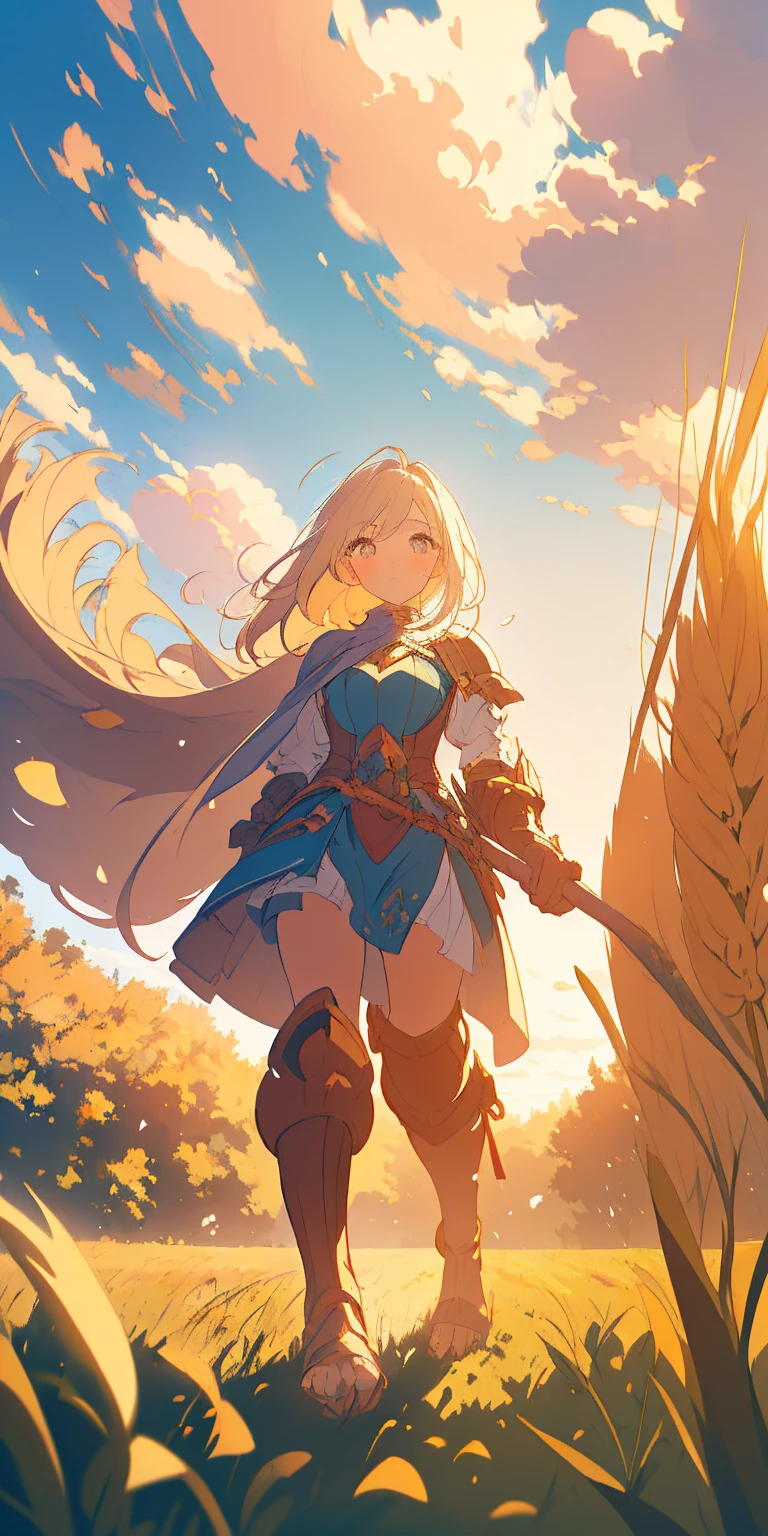 stunning painting of a knight with long blonde hair, wheat field, epic clouds ((painterly)) ((impressionist)) vibrant, soft edges (((warm glow))) full body whole body view from below 1sologirl, feet together, view from below while walking to the viewer