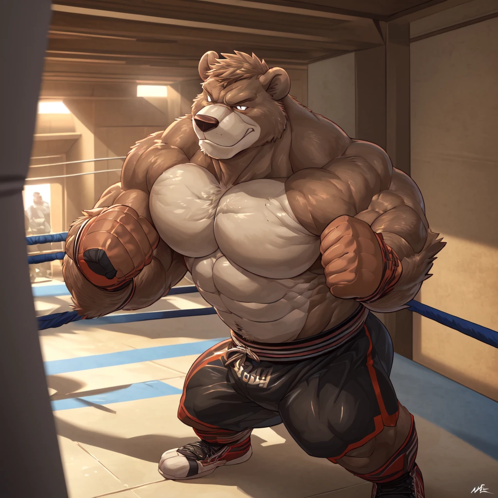 ((solo)), (anthro:1.2) bear (lora; little john), adult, (athletic:1.4), (dense muscles), (super strong:1.4), (correct anatomy:1.2), (broad shoulders:1.2), (heavy build, massive body:1.6), (realistic fur, detailed brown fur texture:1.3), kickboxing martial arts tournament background (corner of the kickboxing MMA ring:1.6), photorealistic, (black compression shorts), (bare torso:1.4), (footwear:1.2), (detailed kickboxing martial arts black shorts), hyperrealistic, ultradetailed, (by wfa:1.2), (by takemoto_arashi, by vorusuarts, by Traver009:1, by grimfaust:1), natural lighting, (oiled up:1.4), ursine head (open eyes, brown mane), (sexy:1.2), ((serious smirk:1.4) expression), (punching:1.4), (view from center:1.4)