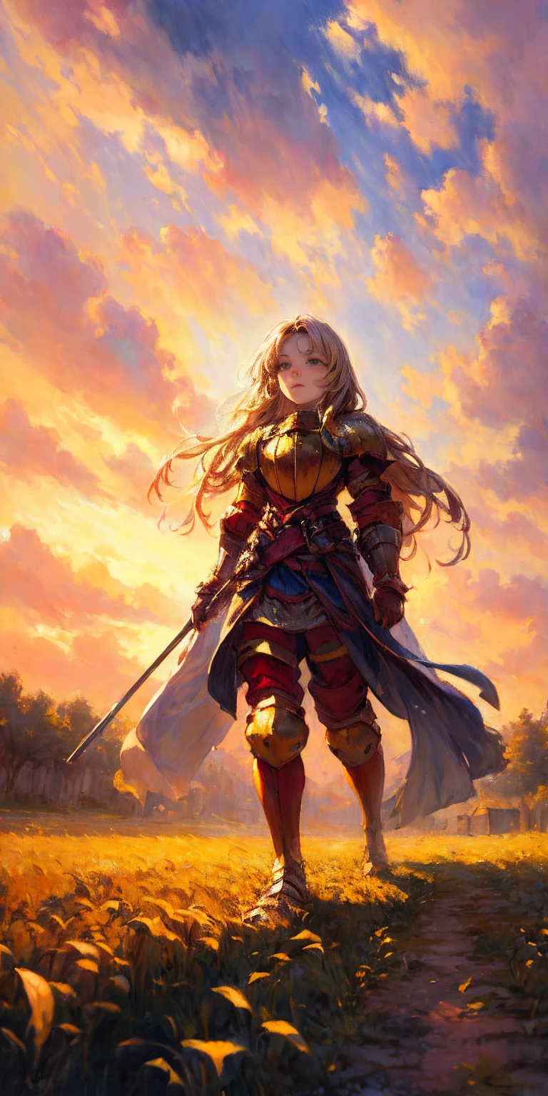 stunning painting of a knight with long blonde hair, wheat field, epic clouds ((painterly)) ((impressionist)) vibrant, soft edges (((warm glow))) full body whole body view from below 1sologirl, feet together, view from below while walking to the viewer