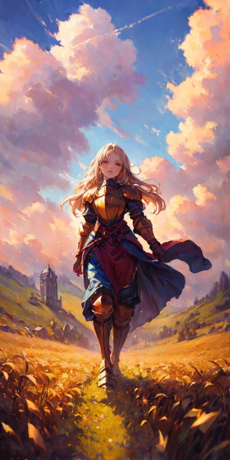 stunning painting of a knight with long blonde hair, wheat field, epic clouds ((painterly)) ((impressionist)) vibrant, soft edge...