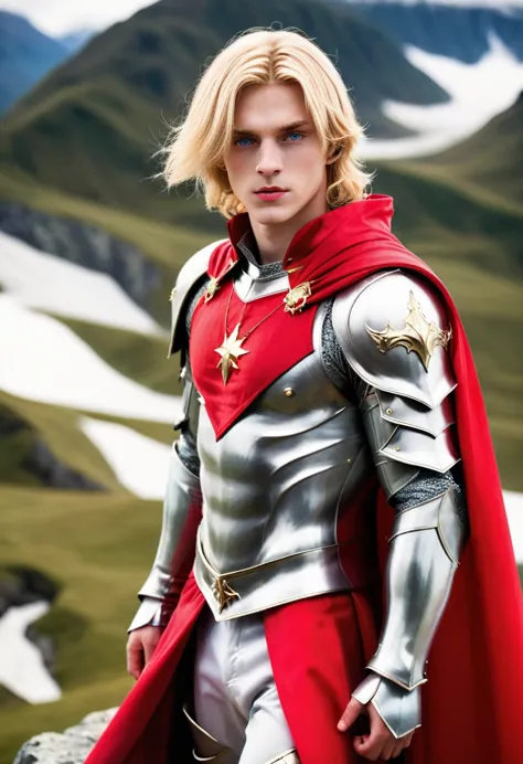 high-quality picture expressing overwhelming success and power. a 20 year old blond male prince wearing glorious armor with a re...