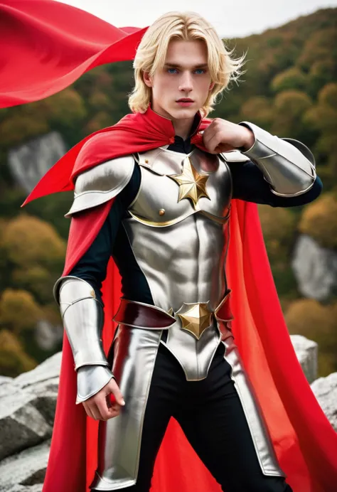 high-quality picture expressing overwhelming success and power. a 20 year old blond male prince wearing glorious armor with a re...