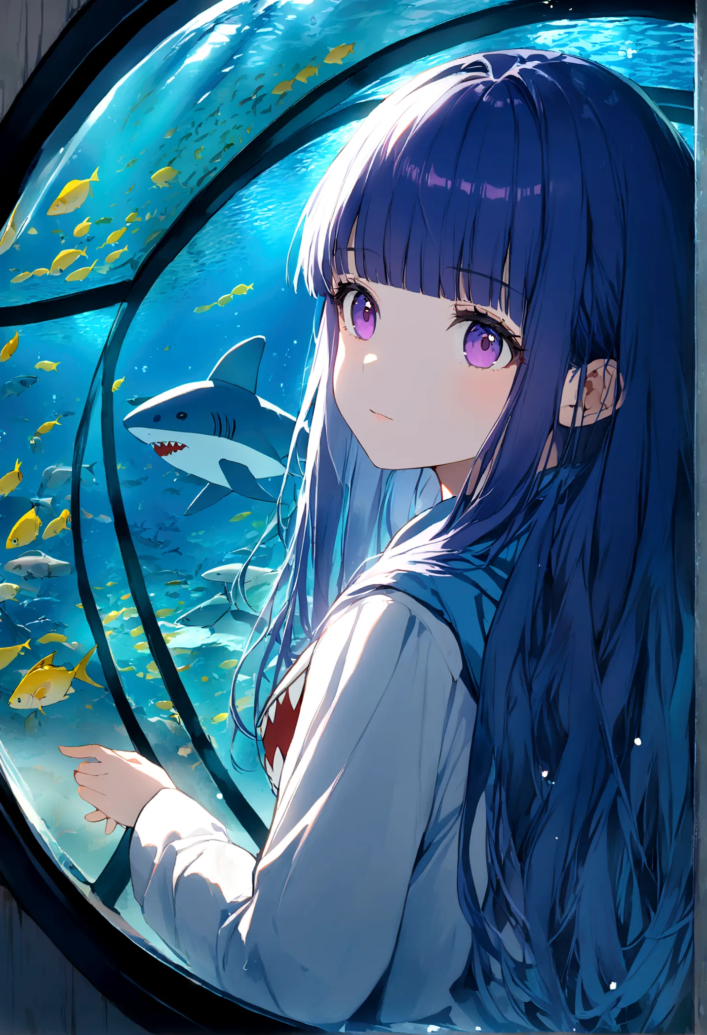 1 girl, alone, blue hair, purple eyes, long hair, blunt bangs, bangs,(shark costume), aquarium, glass tunnel, sea creature, scho...