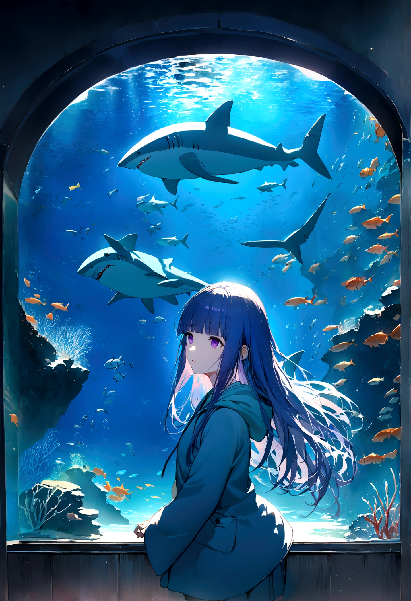 1 Girl, alone, Blue Hair, Purple eyes, Long Hair, blunt bangs, bangs,(Shark Costume), aquarium, Glass tunnel, sea creature, school of fish, illumination, Blue light, Aquarium, reflection, Light effects, mysterious