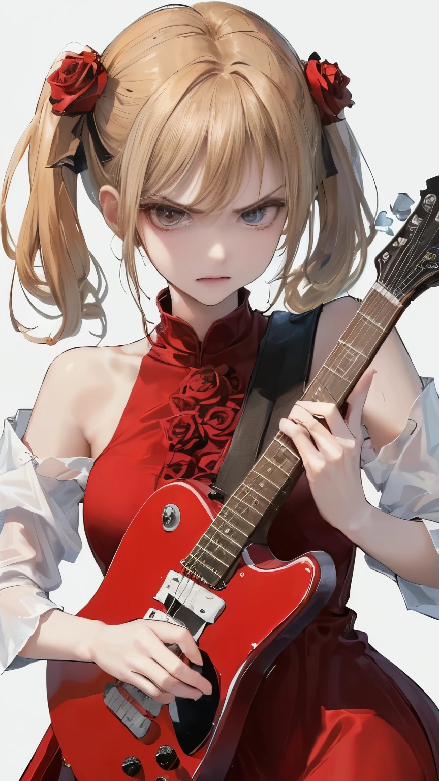 (((Pure white wall background)))、(((Best image quality、8K、Beautiful woman、White wall background)))、guitarist、play the guitar、(((Woman with long hair、Blonde、Girly Hairstyles)))、(((Angry face)))、(((Red dress、Rose image dress、)))、(((Pure white background)))