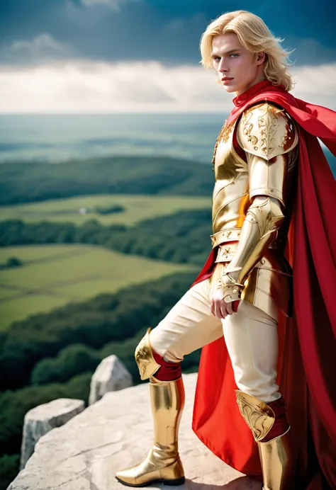 high-quality picture expressing overwhelming success and power. a 20 year old blond male prince wearing glorious golden armor wi...