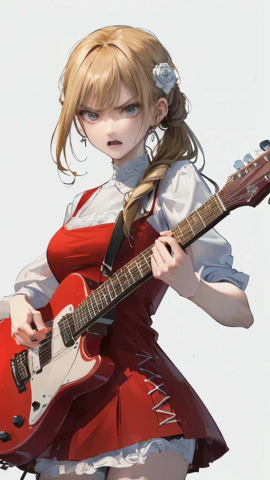 (((Reiner weißer Wandhintergrund)))、(((Beste Bildqualität、8K、Schöne Frau、weißer wandhintergrund)))、Gitarrist、Gitarre spielen、(((Frau mit langen Haaren、Blonde、Mädchenfrisuren)))、(((Wütendes Gesicht)))、(((rotes Kleid、Kleid mit Rosenmotiv、)))、(((rein weißer Hintergrund)))