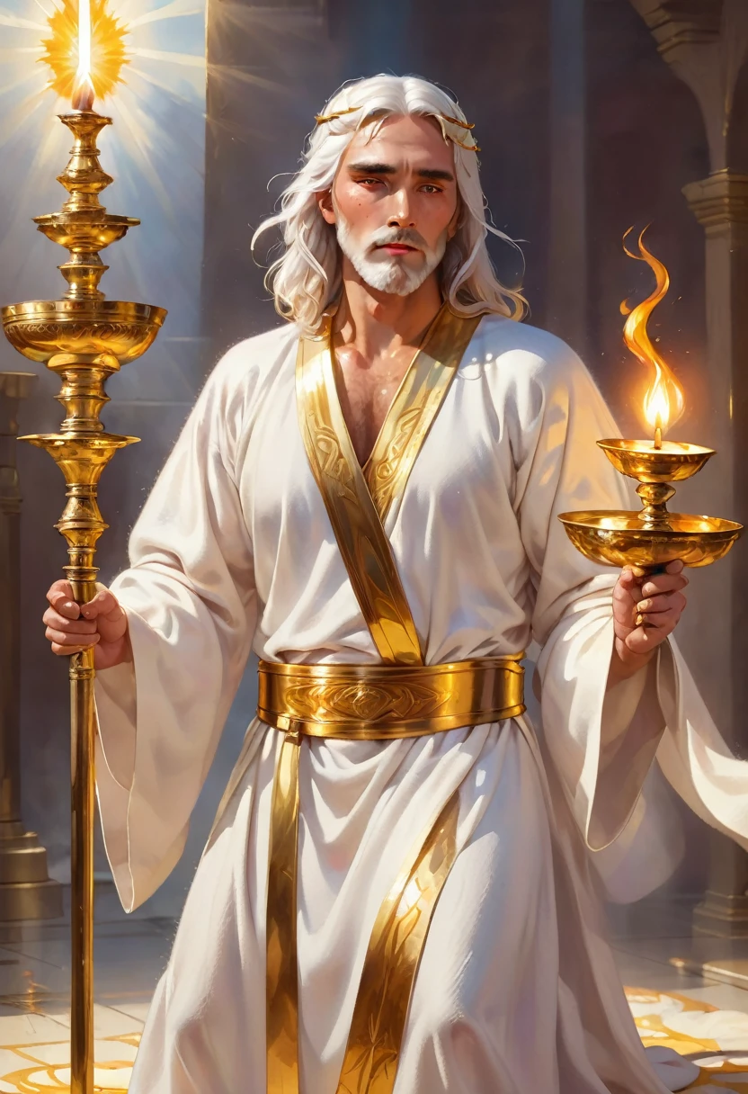 ( best quality Jesus man long white robes,  fiery eyes, white hair like wool, face bright like sun, feet shiny like gleaming brass,  Golden Belt, double-edged sword coming out of the mouth, seven golden candlesticks in the background, shinny body,  GOD)