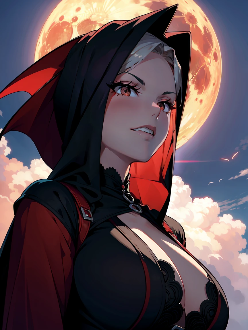 A huge, blood-red full moon peeked through the clouds. A beautiful, busty, mature vampire woman stepped onto the balcony in a crimson-lined, jet-black cloak., In this 16k, masterpiece, every proportion is ideally aligned, making her a seductive and toxic vision, nsfw, masterpiece, (slyly looks:1.1), (Cruel grinning eyes:1.1), perfect anatomy, ideal facial features, ideally proportioned figure, perfectly beautiful body, incredibly absurd res, absolutely resolution,16k wallpaper, (looking down at us), Dutch angle, (from diagonally below),
