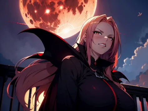 A huge, blood-red full moon peeked through the clouds. A beautiful, busty, mature vampire woman stepped onto the balcony in a cr...