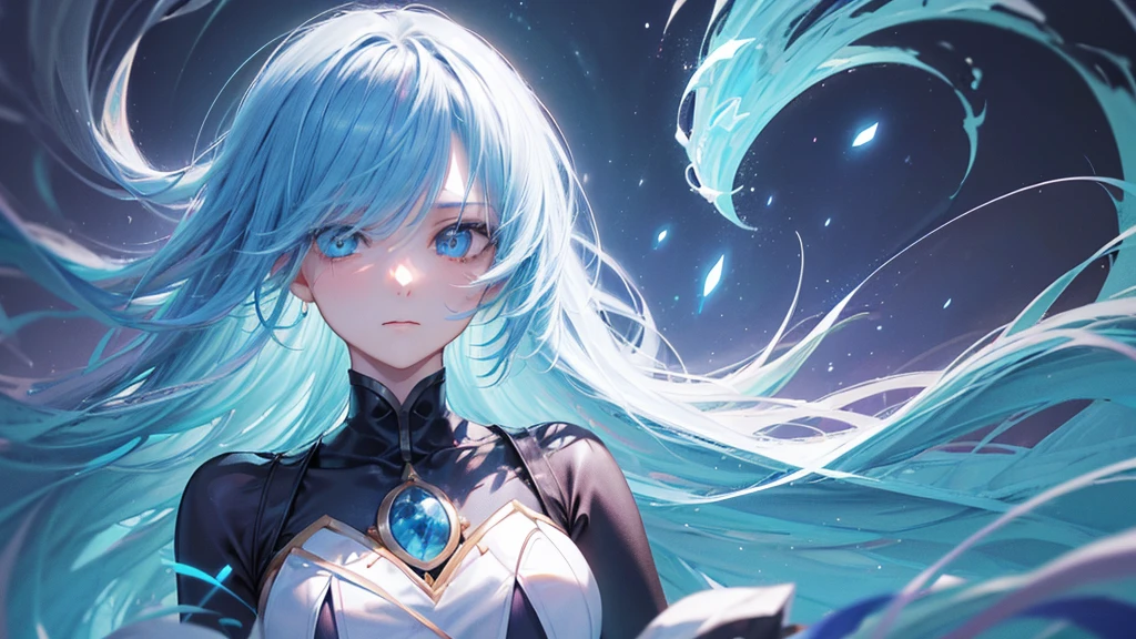 Create an anime-style image featuring a close-up of a character's face with a fantastical background. Focus on a glowing blue eye with detailed and vibrant colors. The hair should be white and dynamically moving, as if influenced by wind or water. Use lighting and light refractions to add attractive and realistic visual effects. Highlight the details in the eye and hair to give a sense of motion and depth, while maintaining a blend of fantastical and realistic elements