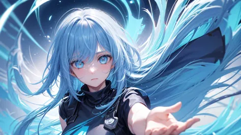 create an anime-style image featuring a close-up of a character's face with a fantastical background. focus on a glowing blue ey...