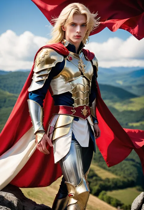 high-quality picture expressing overwhelming success and power. a 20 year old blond male prince wearing glorious armor with a re...