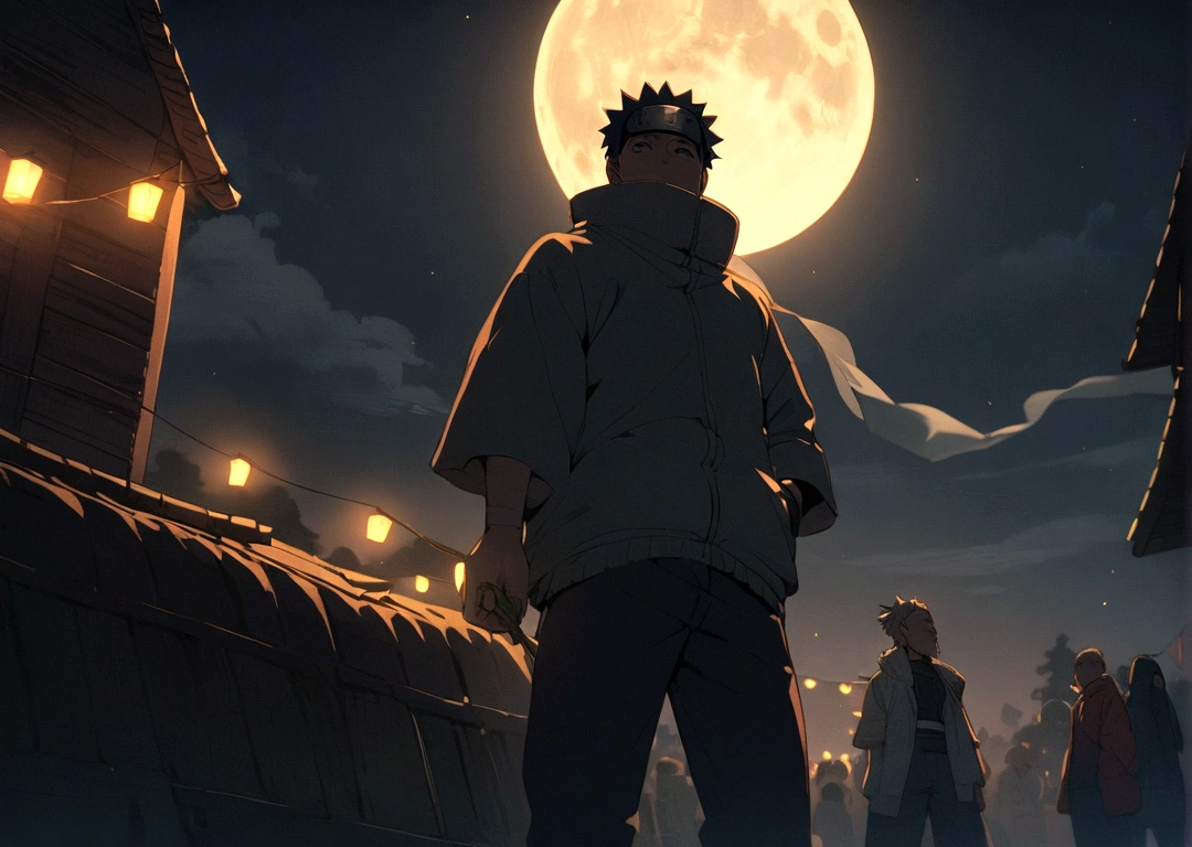 Naruto smoking weed outside at night, on a full moon night.