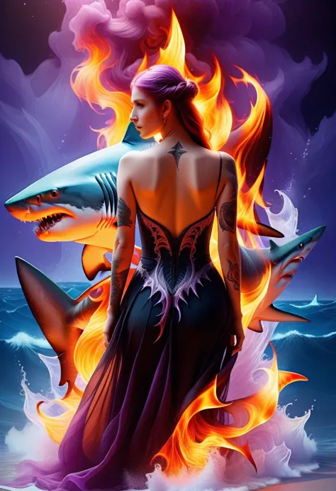 a picture of a an elf with a ((tattoo of a shark: 1.5)) on her back, Dark fantasy art, fantasy art, goth art,, a glowing tattoo ...