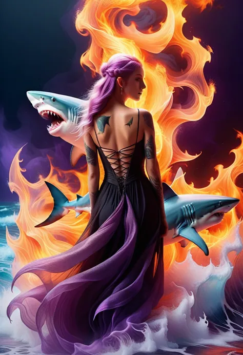 a picture of a an elf with a ((tattoo of a shark: 1.5)) on her back, Dark fantasy art, fantasy art, goth art,, a glowing tattoo ...