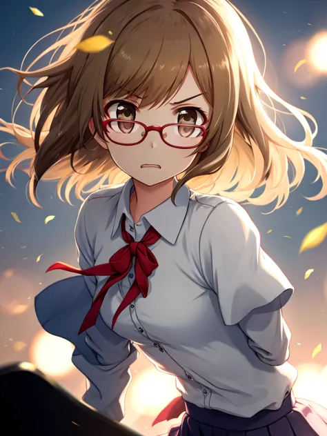 girl, glasses, uniform, upper body, (anger: 1.1), bright light, background blur, depth of written boundary, blurred background, ...