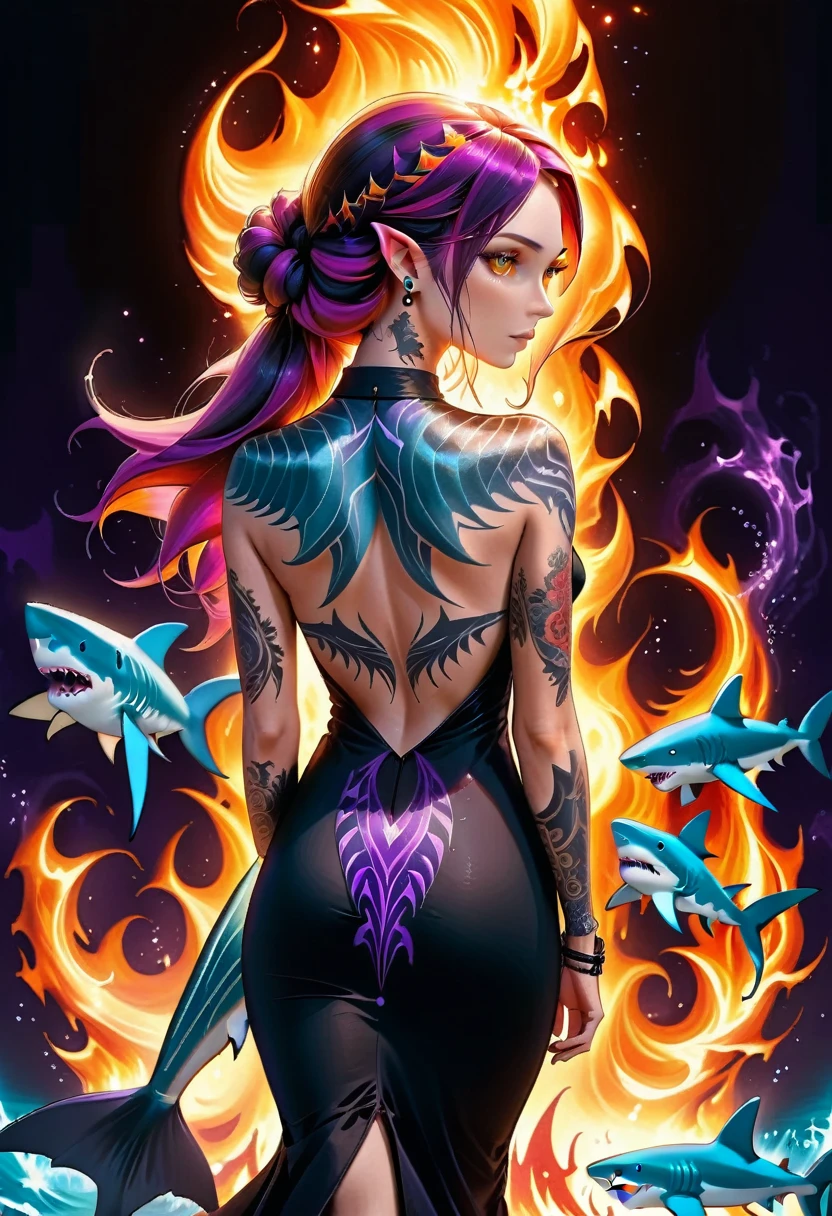  a picture of a an elf with  a ((tattoo of a shark: 1.5)) on her back, Dark fantasy art, fantasy art, goth art,, a glowing tattoo of a ((shark: 1.3)) on the back of the elf, the ((shark tattoo)) is vivid, intricate detailed coming to life from the ink to real life, GlowingRunesAI_purple, ((fire surrounds the shark: 1.5)), shoot taken from the back, ((the back is visible: 1.3), she wears a transparent black dress, the dress is elegant, flowing, elven style, that the tattoos glow, dynamic hair color, dynamic hair style, faize,, Digital Painting, Intense gaze