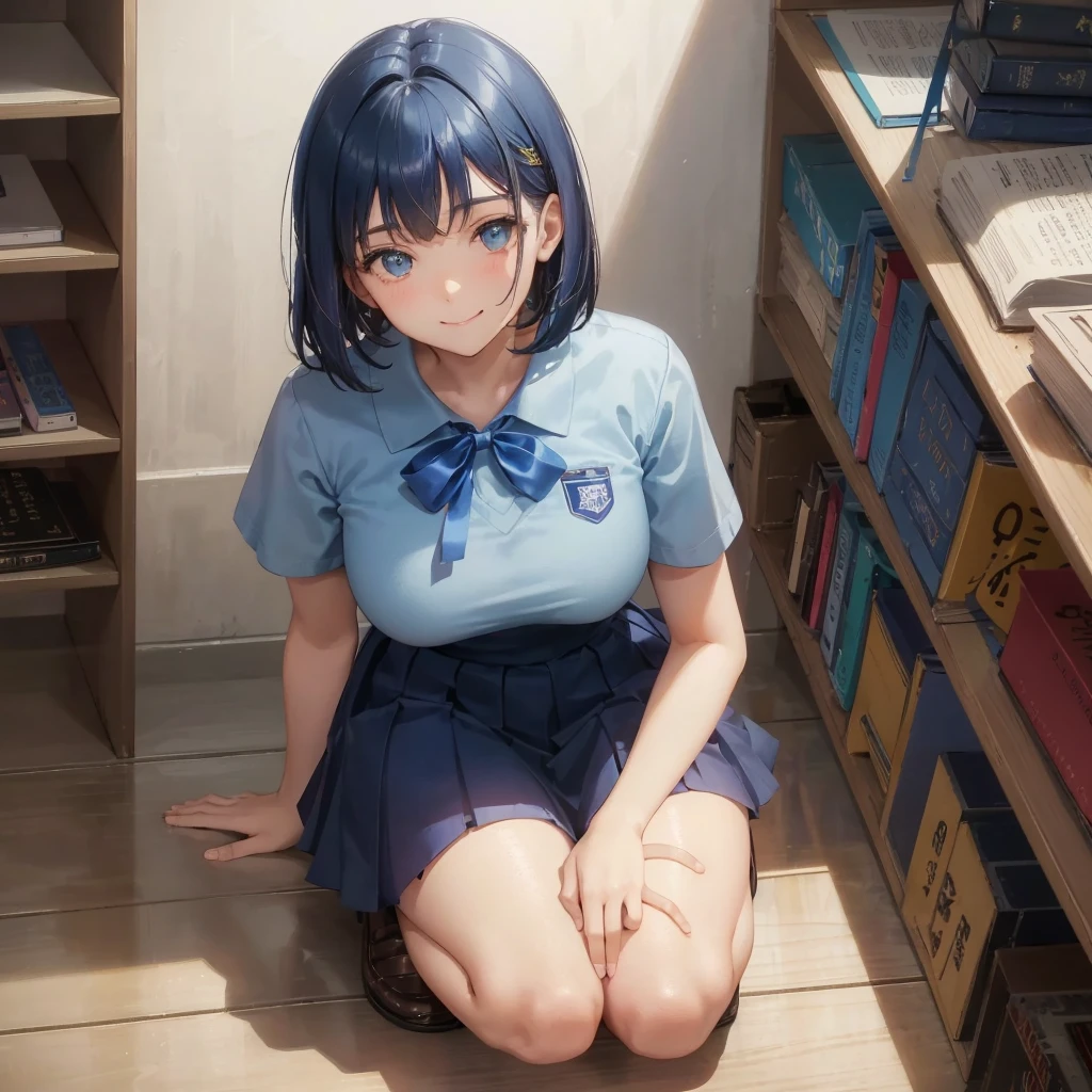 1. High school girl　1 female　Bobcut　dark blue hair color　High School Uniform　Light blue Y-shirt　Short sleeve　Blue Ribbon　dark blue hair color　Slim figure　Large Breasts　Full body portrait　School library　Smiling Kindly　Laugh a little　library　Hand Signs　squat　Kneel　Look up here　