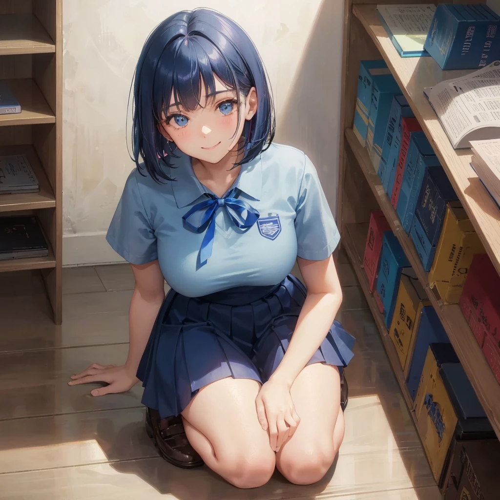 1. High school girl　1 female　Bobcut　dark blue hair color　High School Uniform　Light blue Y-shirt　Short sleeve　Blue Ribbon　dark blue hair color　Slim figure　Large Breasts　Full body portrait　School library　Smiling Kindly　Laugh a little　library　Hand Signs　squat　Kneel　Look up here　