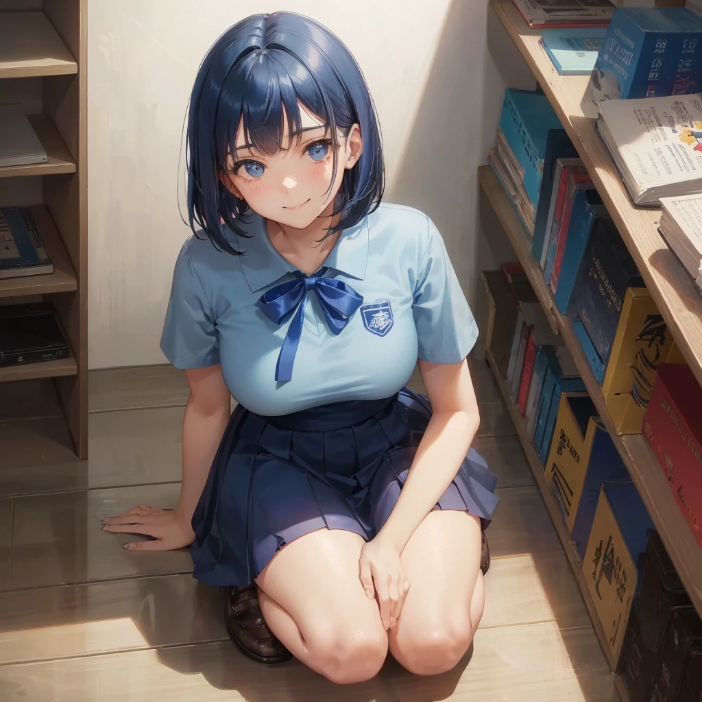 1. garota do ensino médio　1 fêmea　Bobcut　cor de cabelo azul escuro　uniforme do ensino médio　Camiseta Y azul clara　manga curta　fita azul　cor de cabelo azul escuro　figura esbelta　seios grandes　retrato de corpo inteiro　School biblioteca　sorrindo gentilmente　Ria um pouco　biblioteca　sinais de mão　Agachamento　Ajoelhar　Olhe aqui　