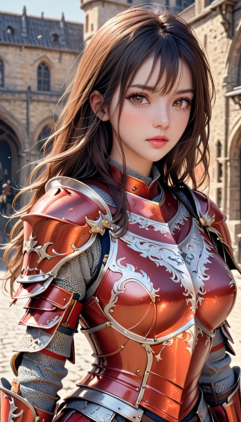 {{{photorealistic, masterpiece, best quality, ultra-detailed, high resolution, detailed eyes, detailed hair}}}, beautiful girl,  {knight}, slim, full armor, red armor, armored skirt, {{cowboy shot}}