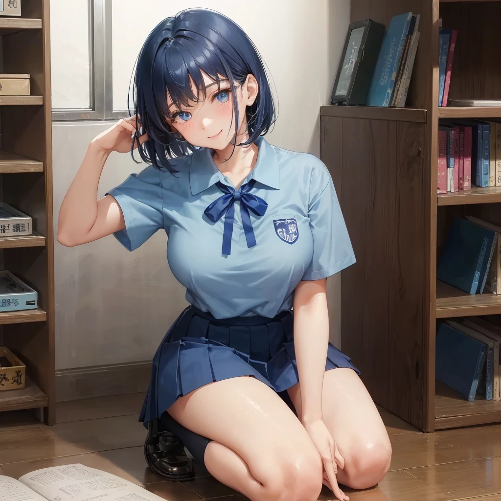 1. chica de secundaria　1 hembra　corte bob　color de pelo azul oscuro　uniforme de secundaria　Camiseta celeste　manga corta　cinta azul　color de pelo azul oscuro　Figura delgada　pechos grandes　retrato de cuerpo completo　学校のbiblioteca　sonriendo amablemente　Rie un poco　biblioteca　señales con las manos　Squat　Arrodillarse　mira aquí　