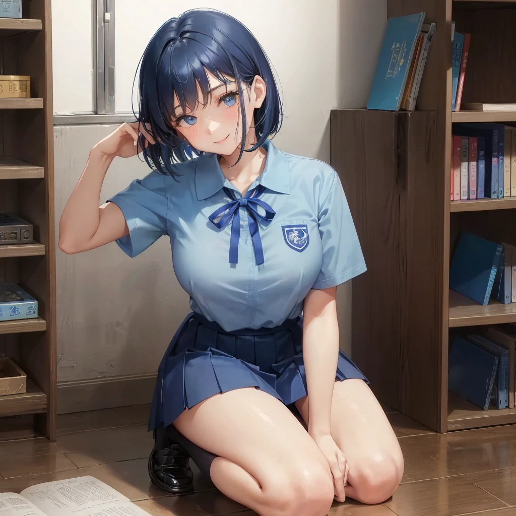 1. chica de secundaria　1 hembra　corte bob　color de pelo azul oscuro　uniforme de secundaria　Camiseta celeste　manga corta　cinta azul　color de pelo azul oscuro　Figura delgada　pechos grandes　retrato de cuerpo completo　学校のbiblioteca　sonriendo amablemente　Rie un poco　biblioteca　señales con las manos　Squat　Arrodillarse　mira aquí　